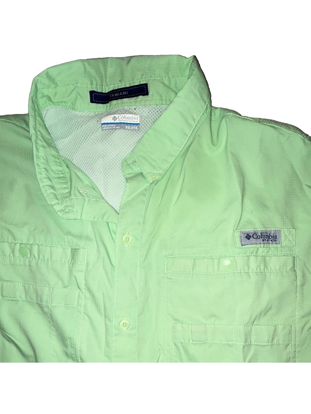 Columbia PFG Tamiami Men’s 2XL Green Solid Nylon Button-Up Fishing Shirt Pockets